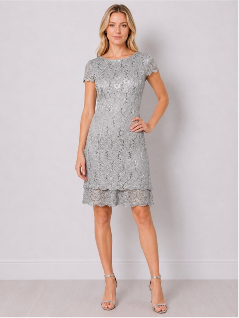 Alex Evenings Mother of the Bride Dress Silver Sequin Lace Sheath Size 14